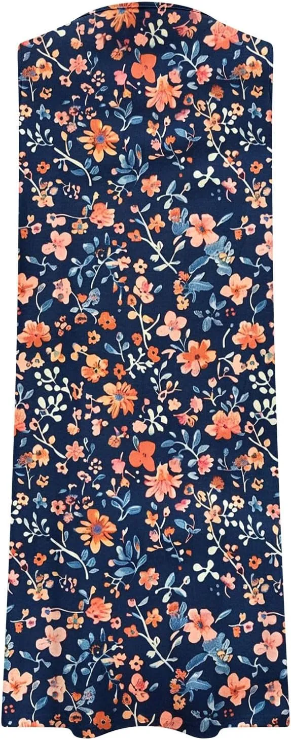 Women's Summer Sleeveless Boho Beach Dress Floral Mini Sundress with Pockets Casual Vacation Travel Flowy Tshirt Dress