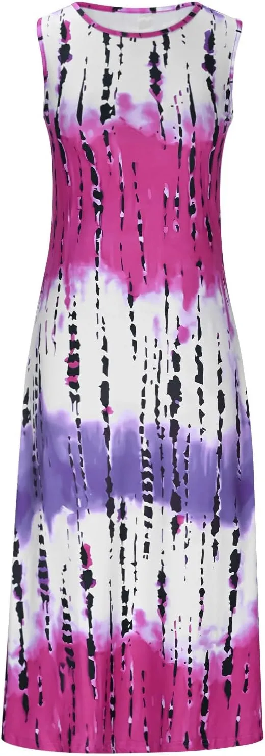 Womens Summer Sleeveless Tank Maxi Dress 2025 Fashion Tie Dye Crewneck Beach Dresses Y2K Casual Loose Slits Sundress