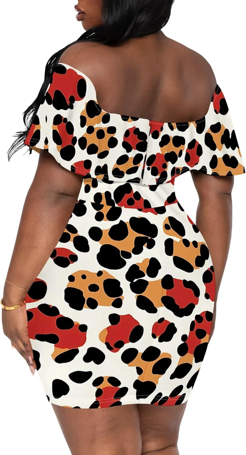 Women's Summer Slim Fit Off Shoulder Mini Dress Ruffle Short Sleeve Print Cocktail Party Fashion Bodycon Dress with Pockets