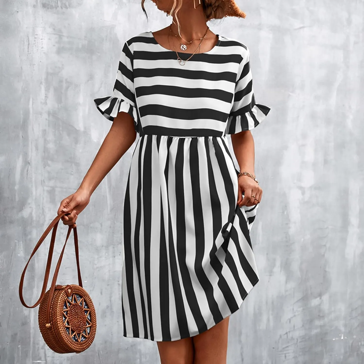 Womens Summer Tshirt Dress Trendy Striped Short Ruffle Sleeve Round Neck Work Waist Mini Dresses with Pockets