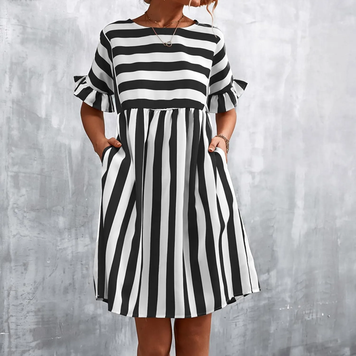 Womens Summer Tshirt Dress Trendy Striped Short Ruffle Sleeve Round Neck Work Waist Mini Dresses with Pockets
