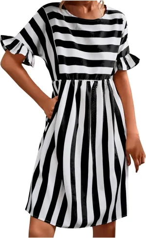 Womens Summer Tshirt Dress Trendy Striped Short Ruffle Sleeve Round Neck Work Waist Mini Dresses with Pockets