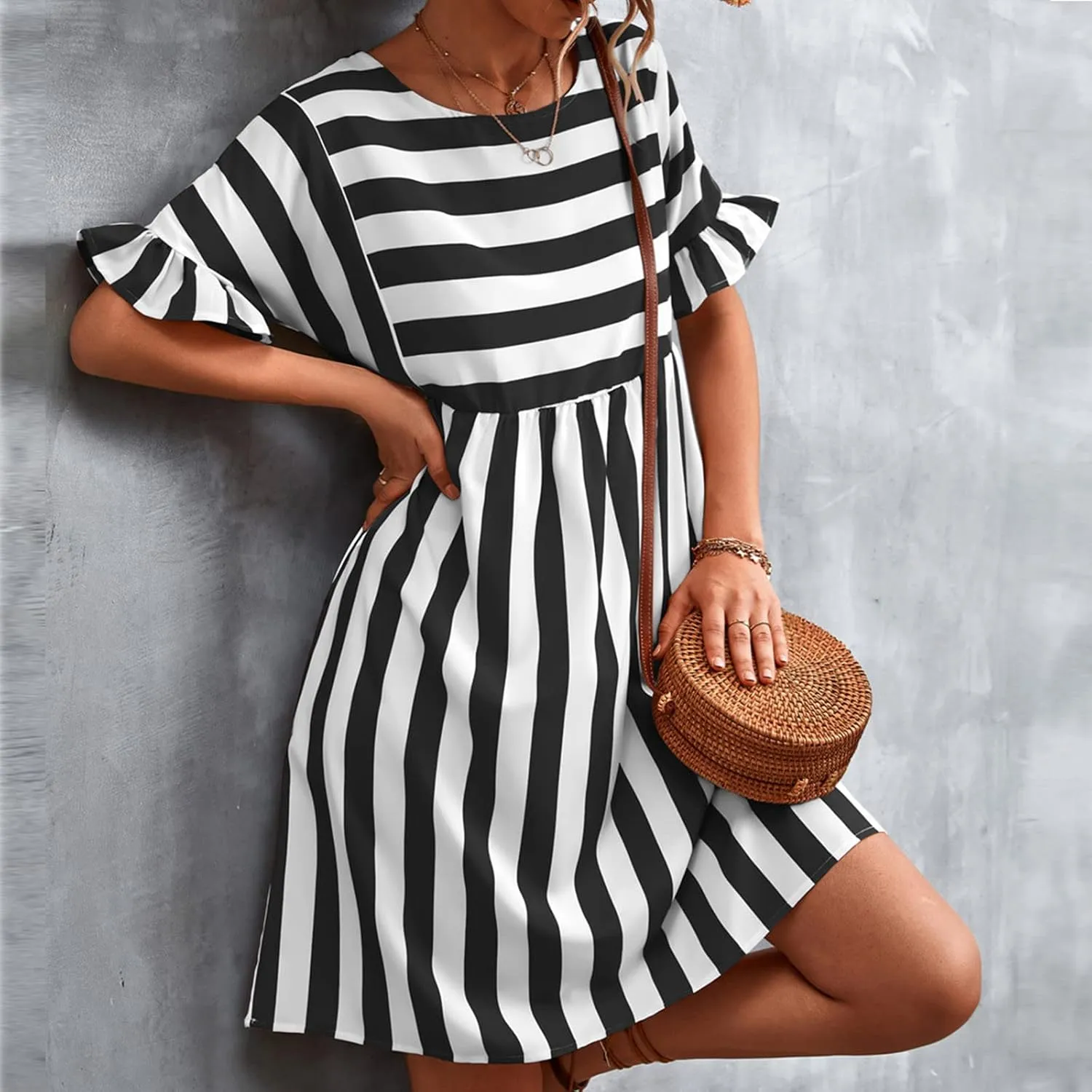 Womens Summer Tshirt Dress Trendy Striped Short Ruffle Sleeve Round Neck Work Waist Mini Dresses with Pockets