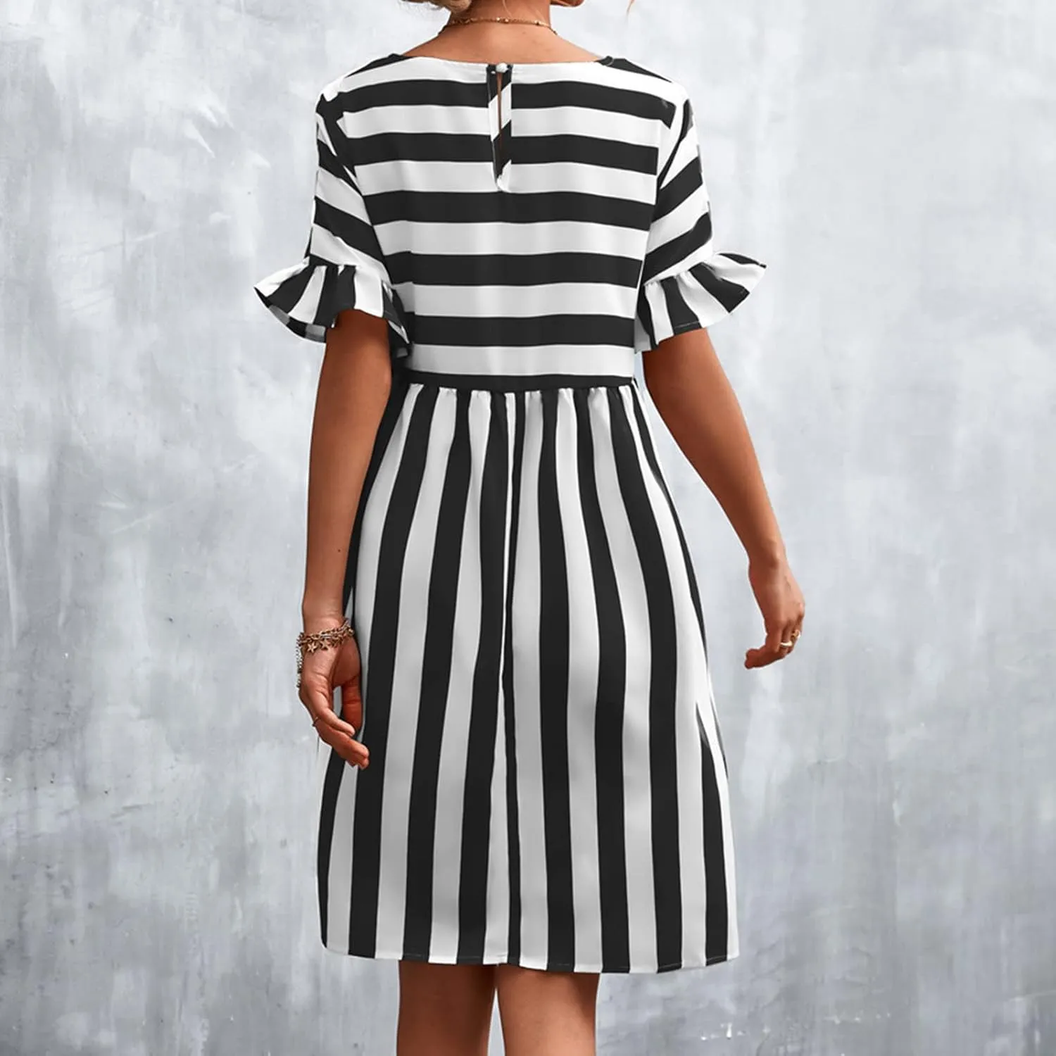 Womens Summer Tshirt Dress Trendy Striped Short Ruffle Sleeve Round Neck Work Waist Mini Dresses with Pockets