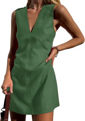 Womens Summer Vintage Dress Sleeveless Mini Dress Cotton Linen V Neck Short Sundress Beach Streetwear