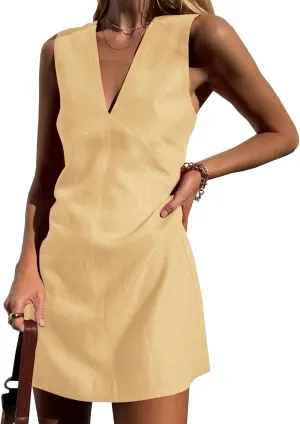 Womens Summer Vintage Dress Sleeveless Mini Dress Cotton Linen V Neck Short Sundress Beach Streetwear