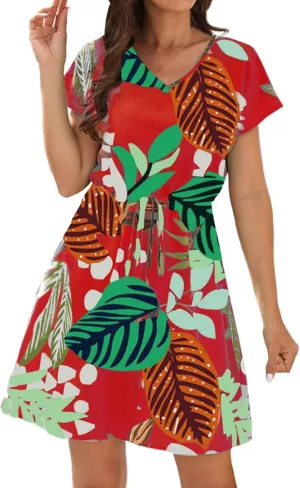 Women's Sundresses Summer 2024 Casual Fashion Floral Print Drawstring V-Neck Short Sleeve Mini Dress Boho Beach Dress