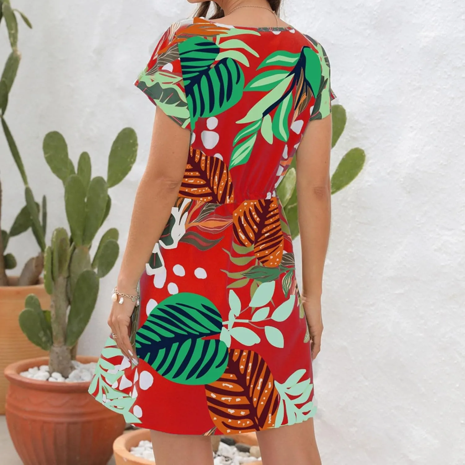 Women's Sundresses Summer 2024 Casual Fashion Floral Print Drawstring V-Neck Short Sleeve Mini Dress Boho Beach Dress