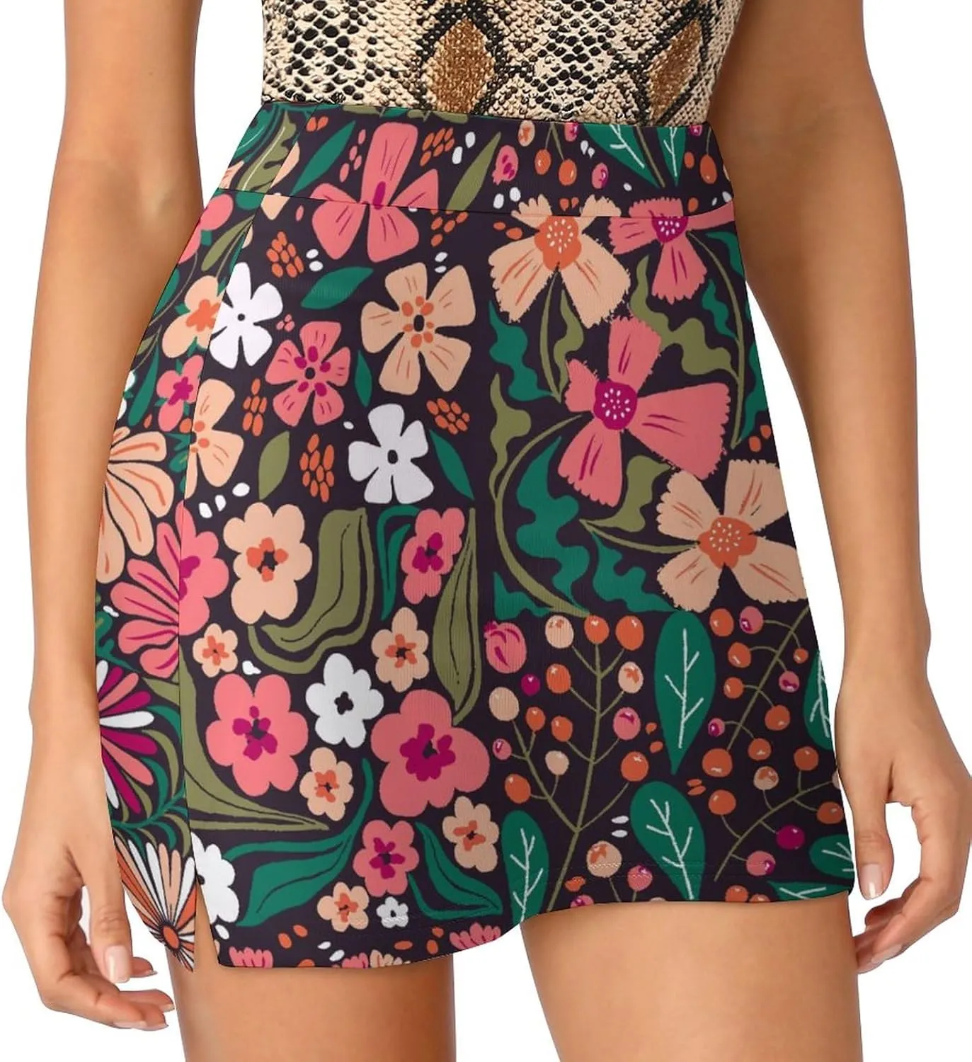 Womens Tennis Skirts 60s Floral High Waisted Athletic Golf Skorts with Shorts Pockets for Running Sports