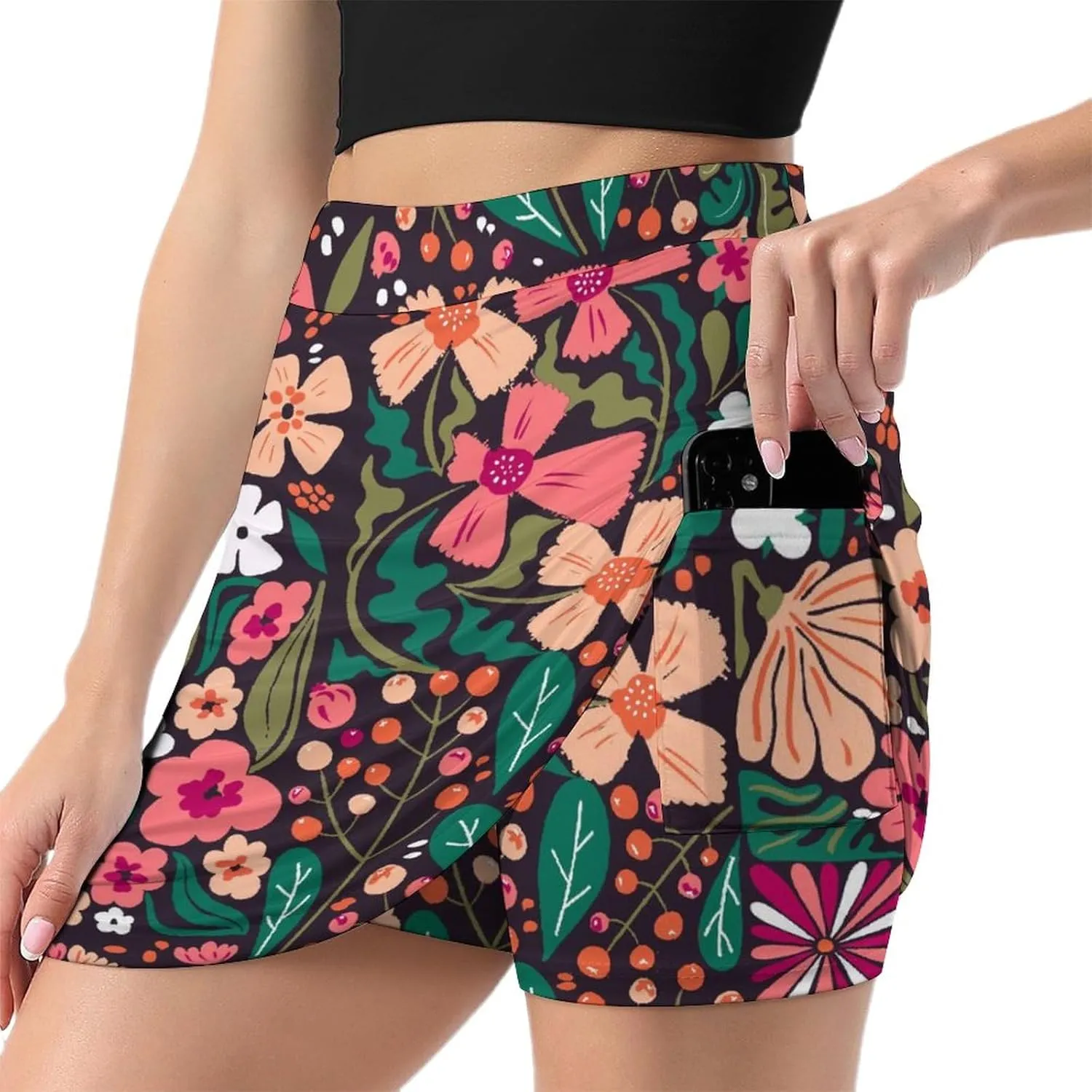 Womens Tennis Skirts 60s Floral High Waisted Athletic Golf Skorts with Shorts Pockets for Running Sports