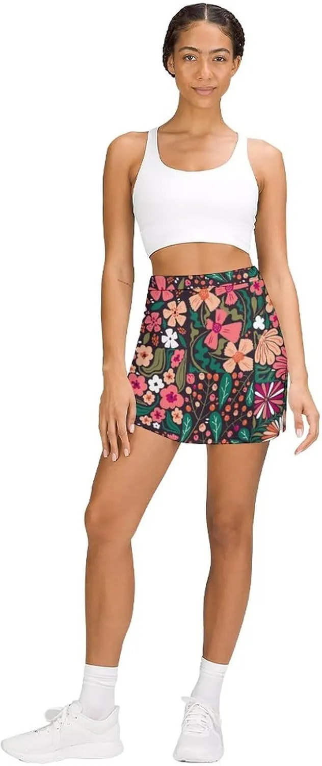 Womens Tennis Skirts 60s Floral High Waisted Athletic Golf Skorts with Shorts Pockets for Running Sports