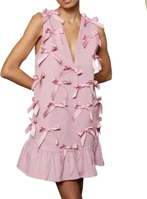 Women's V Neck Sleeveless Bow Mini Dress A-Line Flared Tunic Babydoll Dress Cocktail Party Club Wear