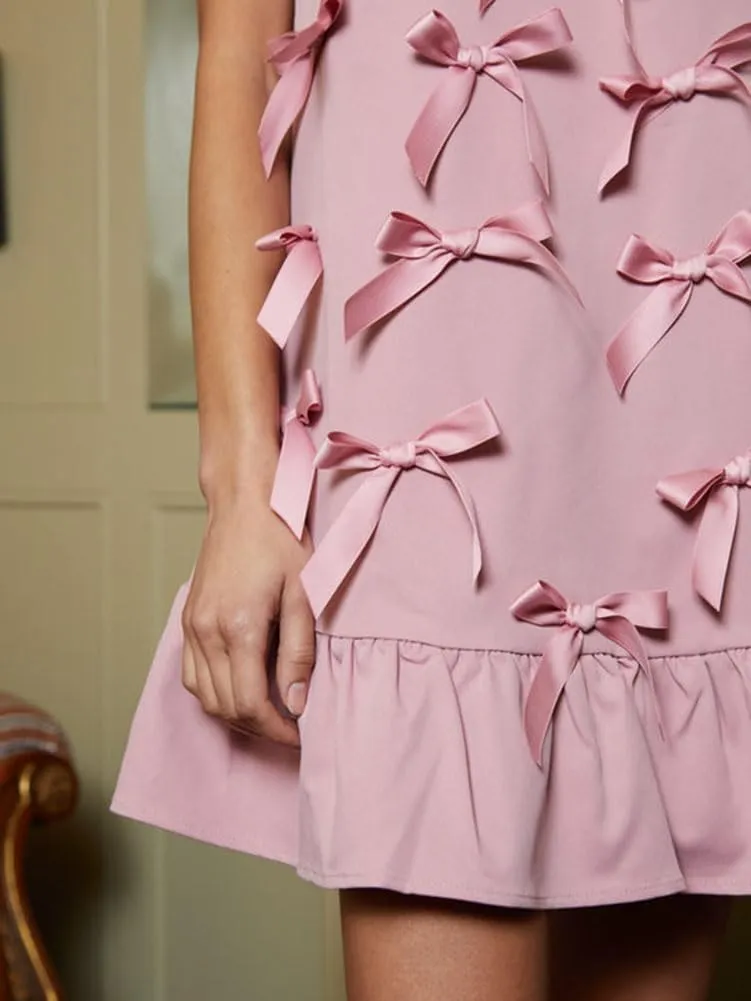 Women's V Neck Sleeveless Bow Mini Dress A-Line Flared Tunic Babydoll Dress Cocktail Party Club Wear