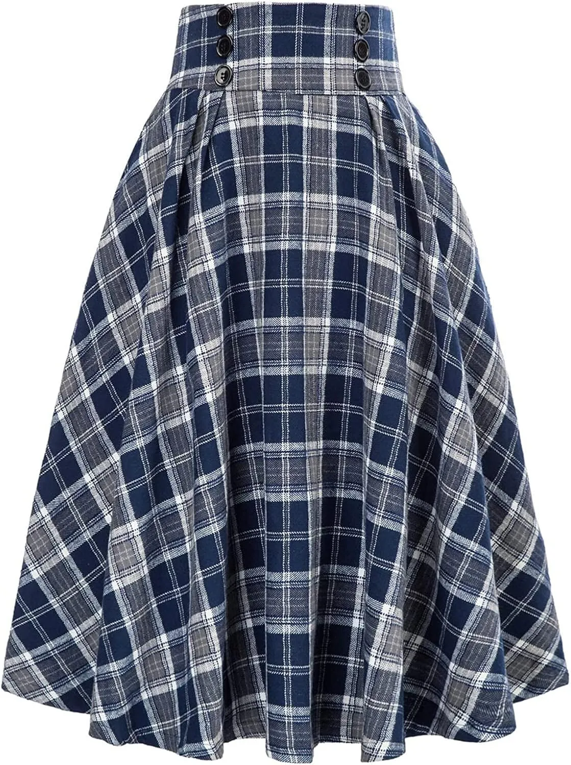 Women's Vintage Long Skirts Plaid Elegant Elastic Waist Pleated A-Line Casual High Waist Midi Skirt Plus Size