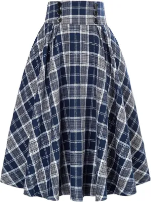 Women's Vintage Long Skirts Plaid Elegant Elastic Waist Pleated A-Line Casual High Waist Midi Skirt Plus Size