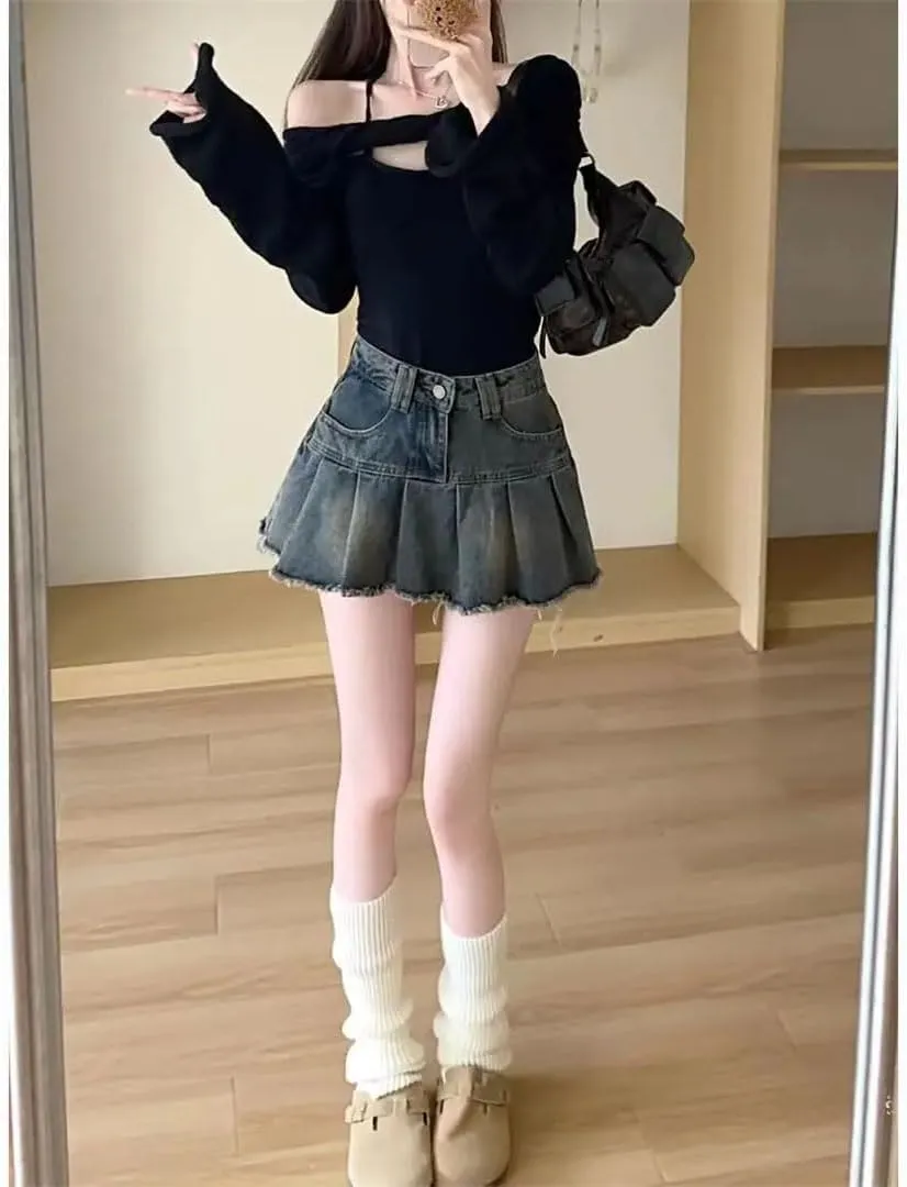Womens Waist Streetwear Pleated Skirts Korean Style Vintage Shorts Denim Mini Ruched Skirts