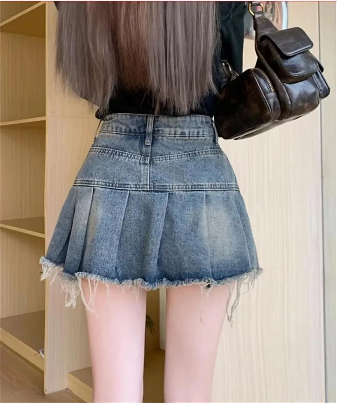 Womens Waist Streetwear Pleated Skirts Korean Style Vintage Shorts Denim Mini Ruched Skirts