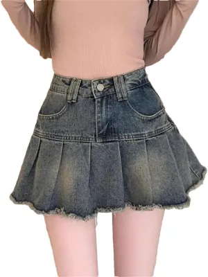 Womens Waist Streetwear Pleated Skirts Korean Style Vintage Shorts Denim Mini Ruched Skirts
