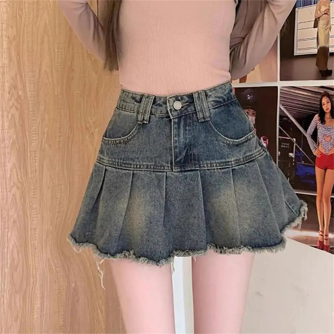 Womens Waist Streetwear Pleated Skirts Korean Style Vintage Shorts Denim Mini Ruched Skirts