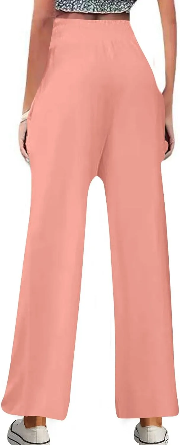 Womens Wide Leg Pants Cotton Linen Palazzo Pants Smocked Elastic Waist Loose Casual Pant Summer Flowy Lounge Trousers