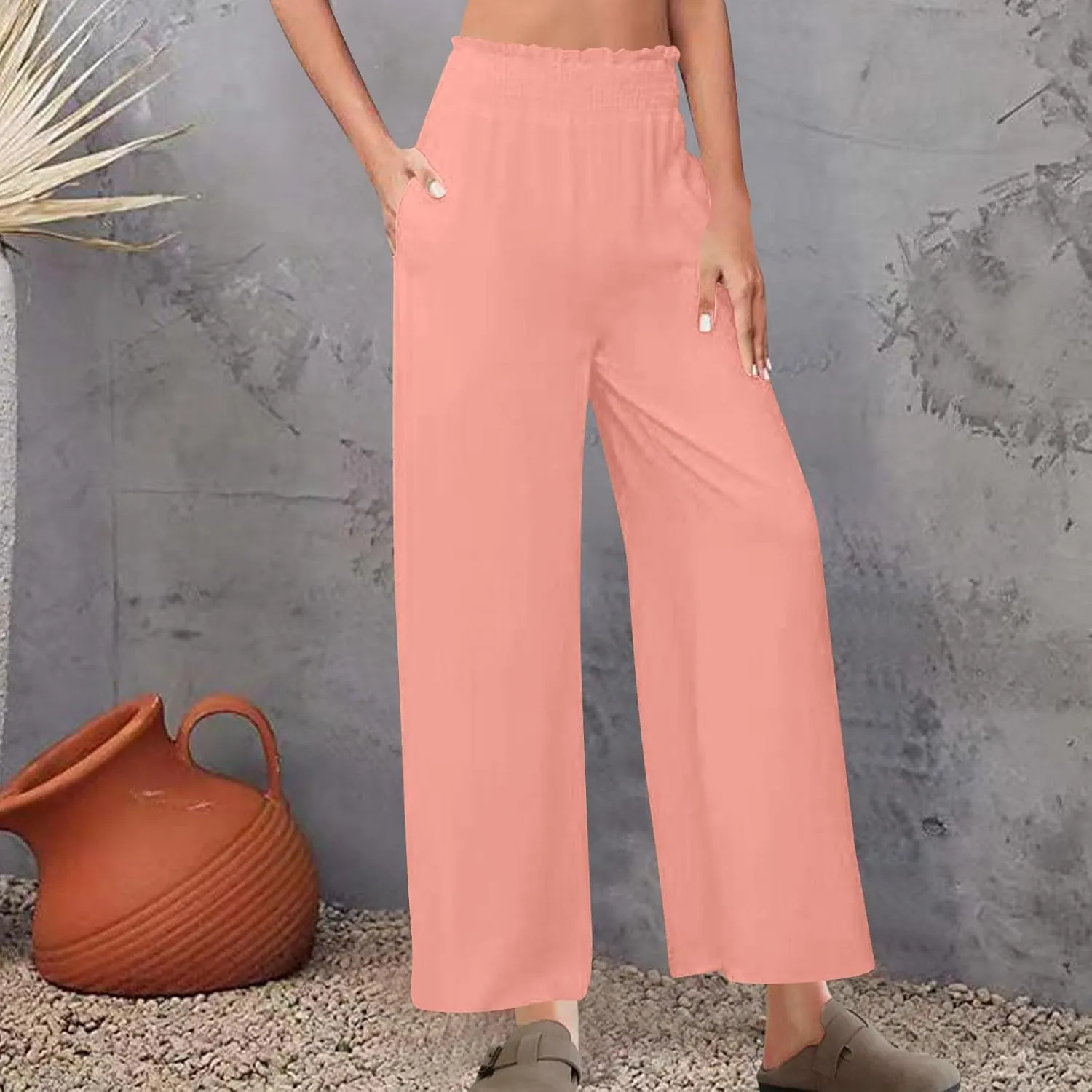 Womens Wide Leg Pants Cotton Linen Palazzo Pants Smocked Elastic Waist Loose Casual Pant Summer Flowy Lounge Trousers