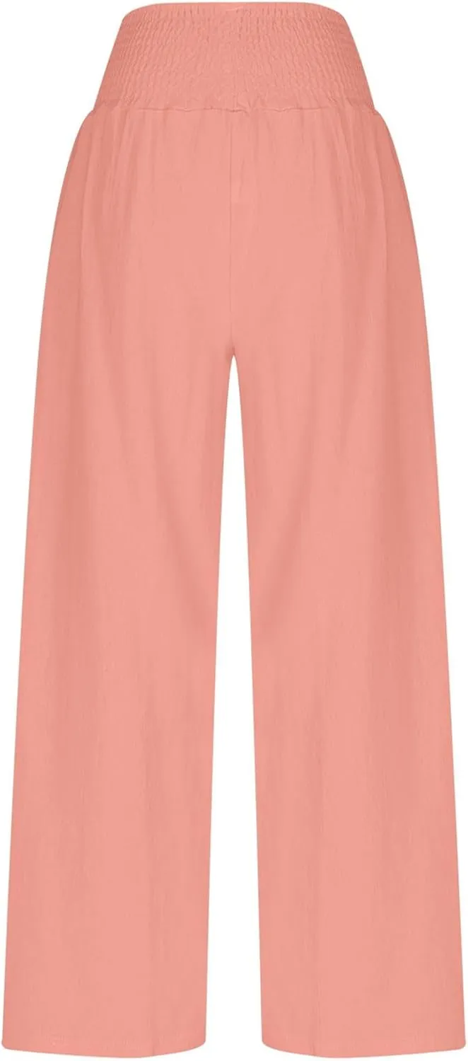 Womens Wide Leg Pants Cotton Linen Palazzo Pants Smocked Elastic Waist Loose Casual Pant Summer Flowy Lounge Trousers