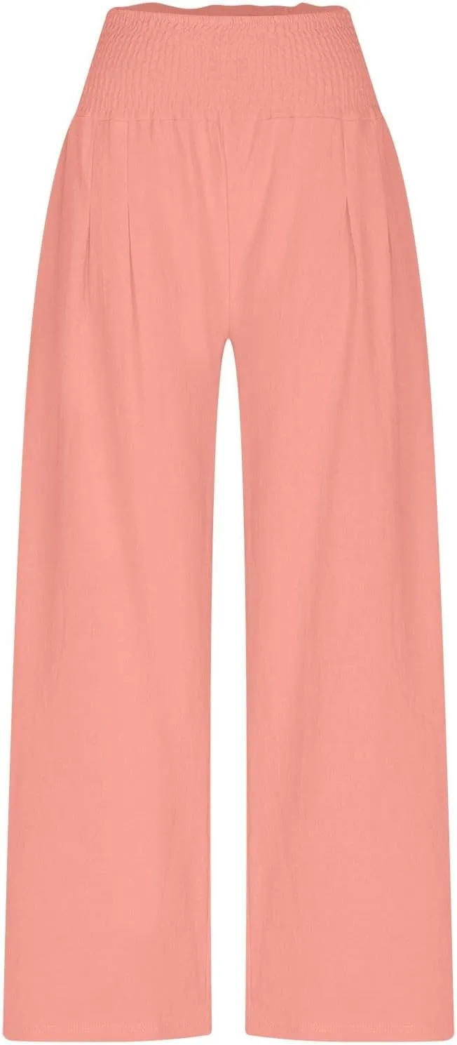 Womens Wide Leg Pants Cotton Linen Palazzo Pants Smocked Elastic Waist Loose Casual Pant Summer Flowy Lounge Trousers