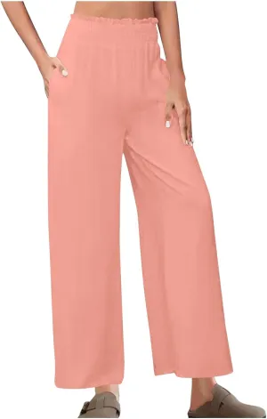 Womens Wide Leg Pants Cotton Linen Palazzo Pants Smocked Elastic Waist Loose Casual Pant Summer Flowy Lounge Trousers