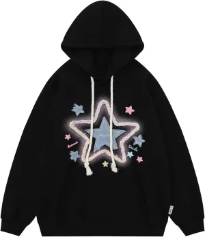 Womens Y2K Graphic Vintage Denim Star Applique Embroidery Hoodie Oversize Hooded Unisex Streetwear Hoodies