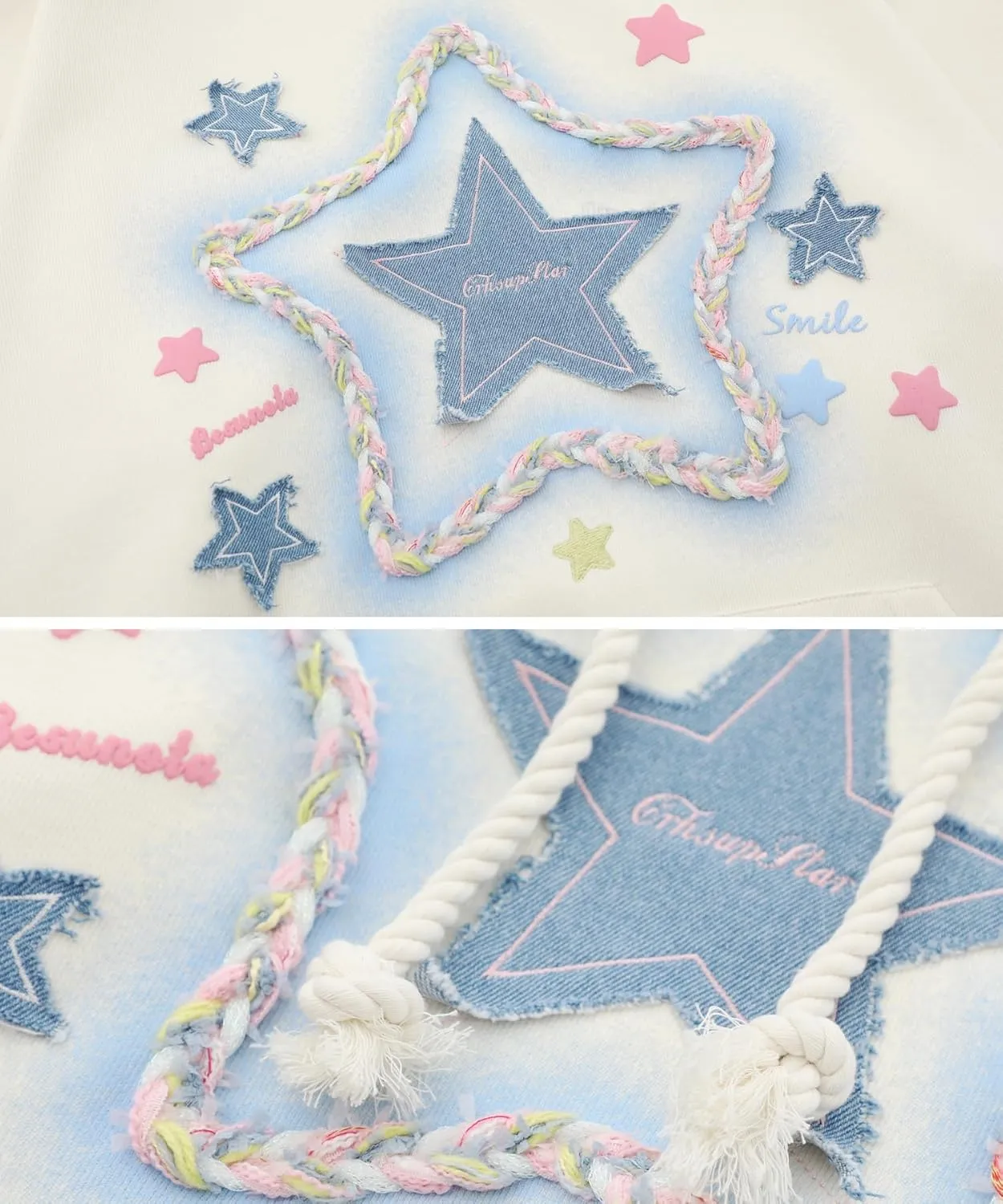 Womens Y2K Graphic Vintage Denim Star Applique Embroidery Hoodie Oversize Hooded Unisex Streetwear Hoodies