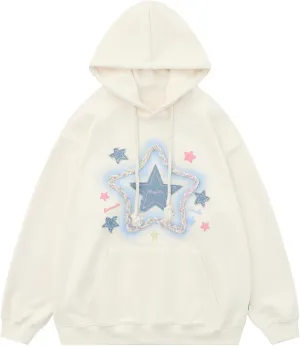 Womens Y2K Graphic Vintage Denim Star Applique Embroidery Hoodie Oversize Hooded Unisex Streetwear Hoodies