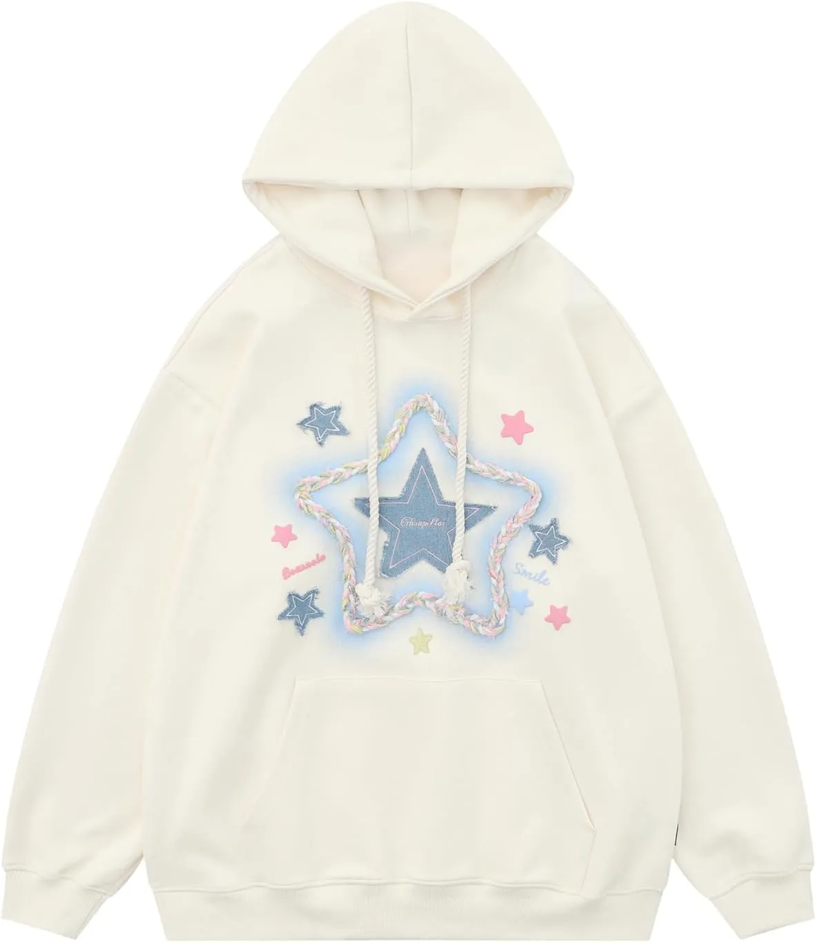Womens Y2K Graphic Vintage Denim Star Applique Embroidery Hoodie Oversize Hooded Unisex Streetwear Hoodies