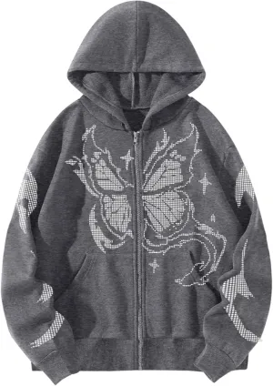 Womens Y2K Sweatshirt Casual Zip Up Oversize Hoodie Butterfly Graphic Jacket 90S E-Girl Hoodie Long Sleeve Streetwear