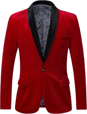 WZIKAI Mens Velvet Blazer Slim Fit One Button Solid Suit Jacket Sport Coat for Wedding Prom Dinner Party