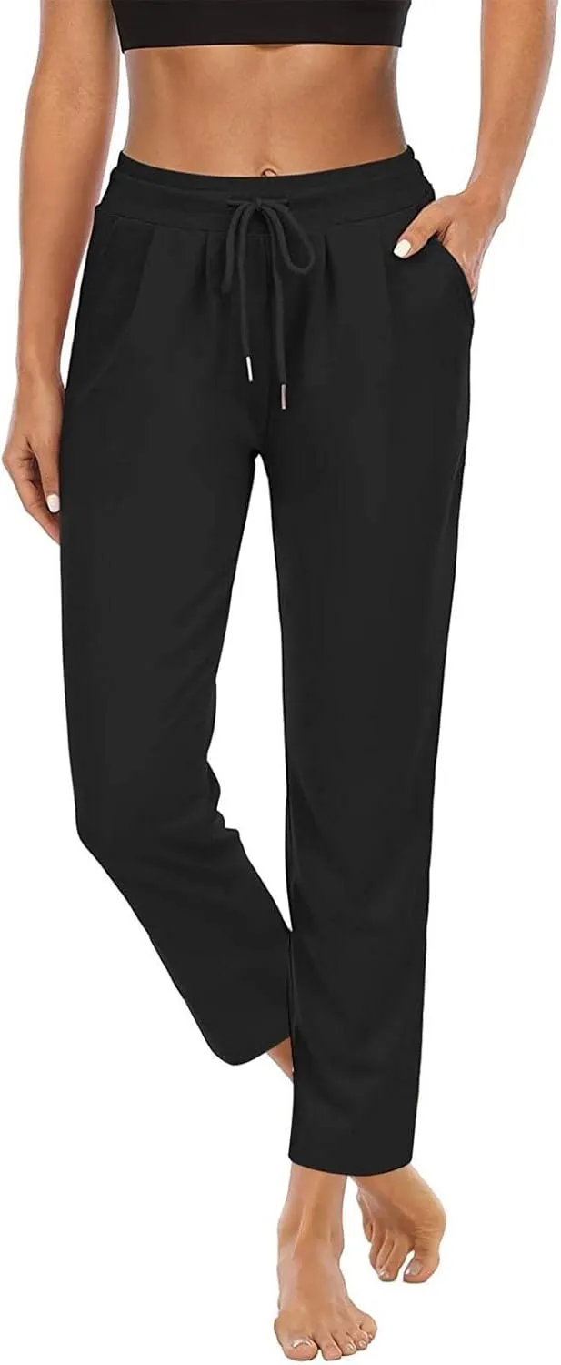 XUNRYAN Yoga Pants Women Pockets Lightweight Hiking Pants Drawstring High Waist Joggers Fitness Athletic Workout Trousers