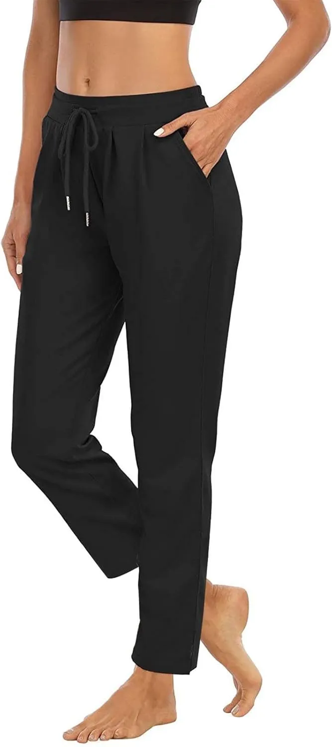 XUNRYAN Yoga Pants Women Pockets Lightweight Hiking Pants Drawstring High Waist Joggers Fitness Athletic Workout Trousers