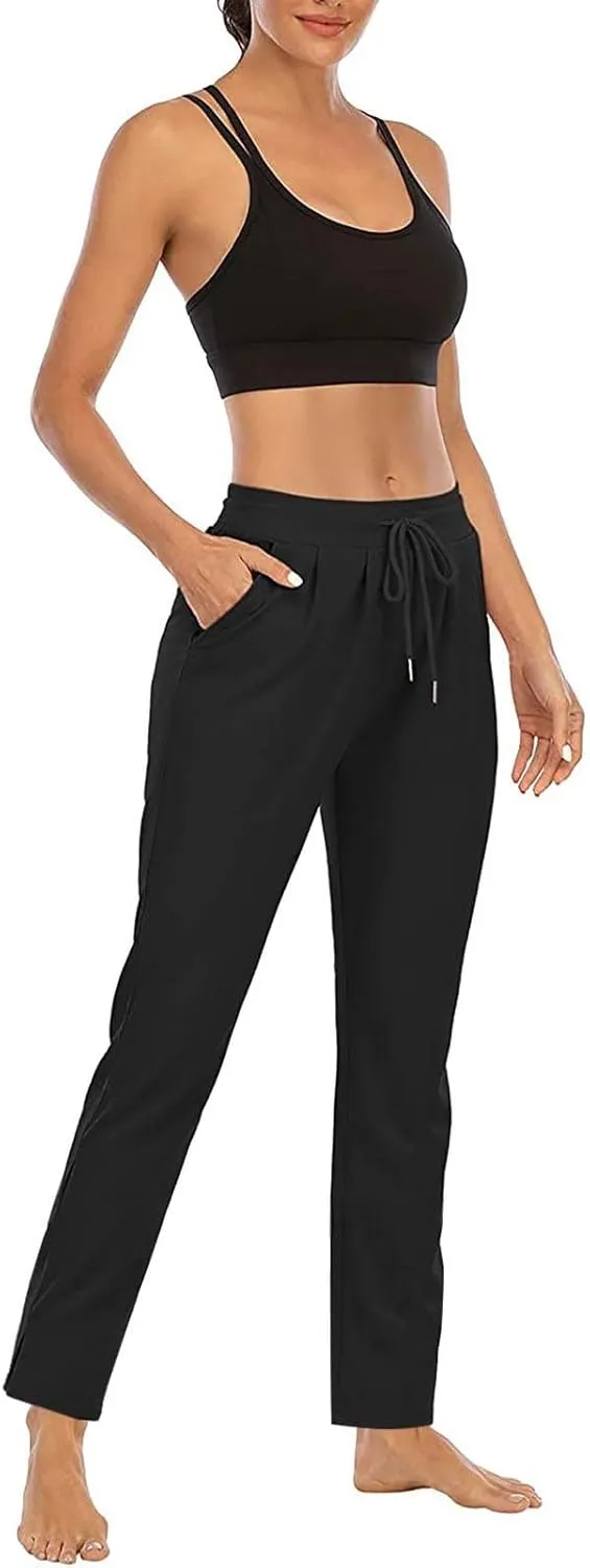 XUNRYAN Yoga Pants Women Pockets Lightweight Hiking Pants Drawstring High Waist Joggers Fitness Athletic Workout Trousers