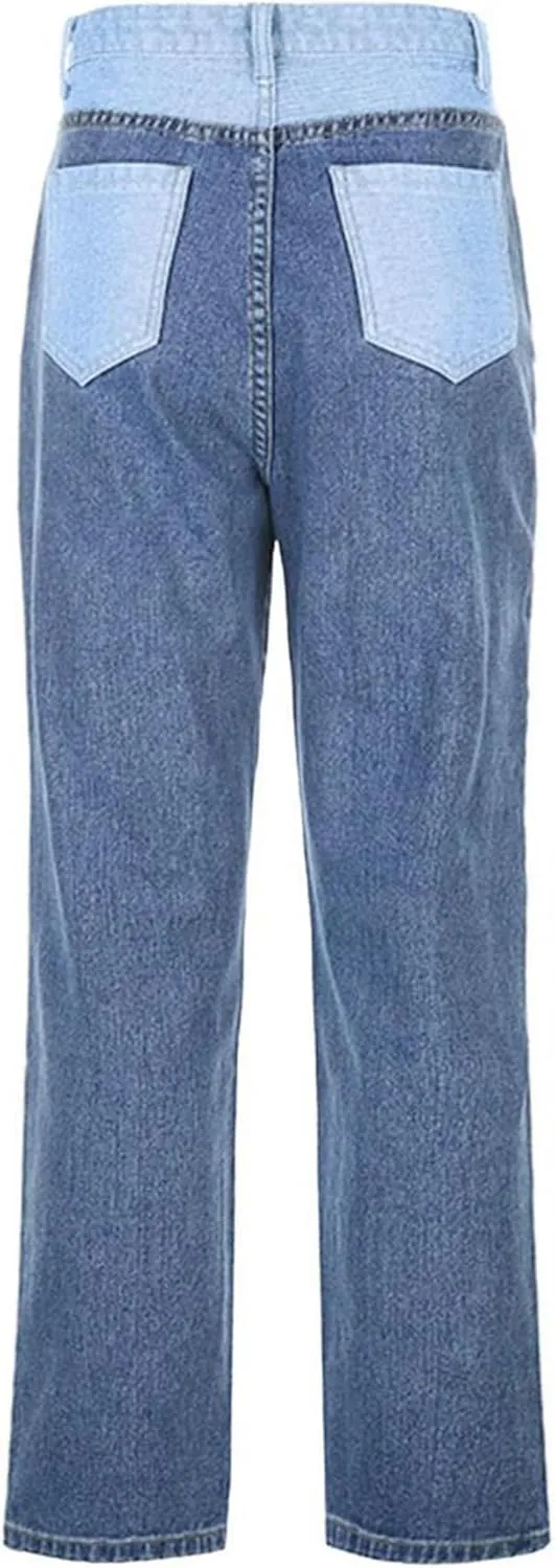 xxxiticat Women's Color Block Jeans High Waist Tie Dye Colorblock Patchwork Straight Leg Denim Pants Loose Trouser