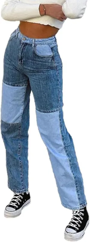 xxxiticat Women's Color Block Jeans High Waist Tie Dye Colorblock Patchwork Straight Leg Denim Pants Loose Trouser