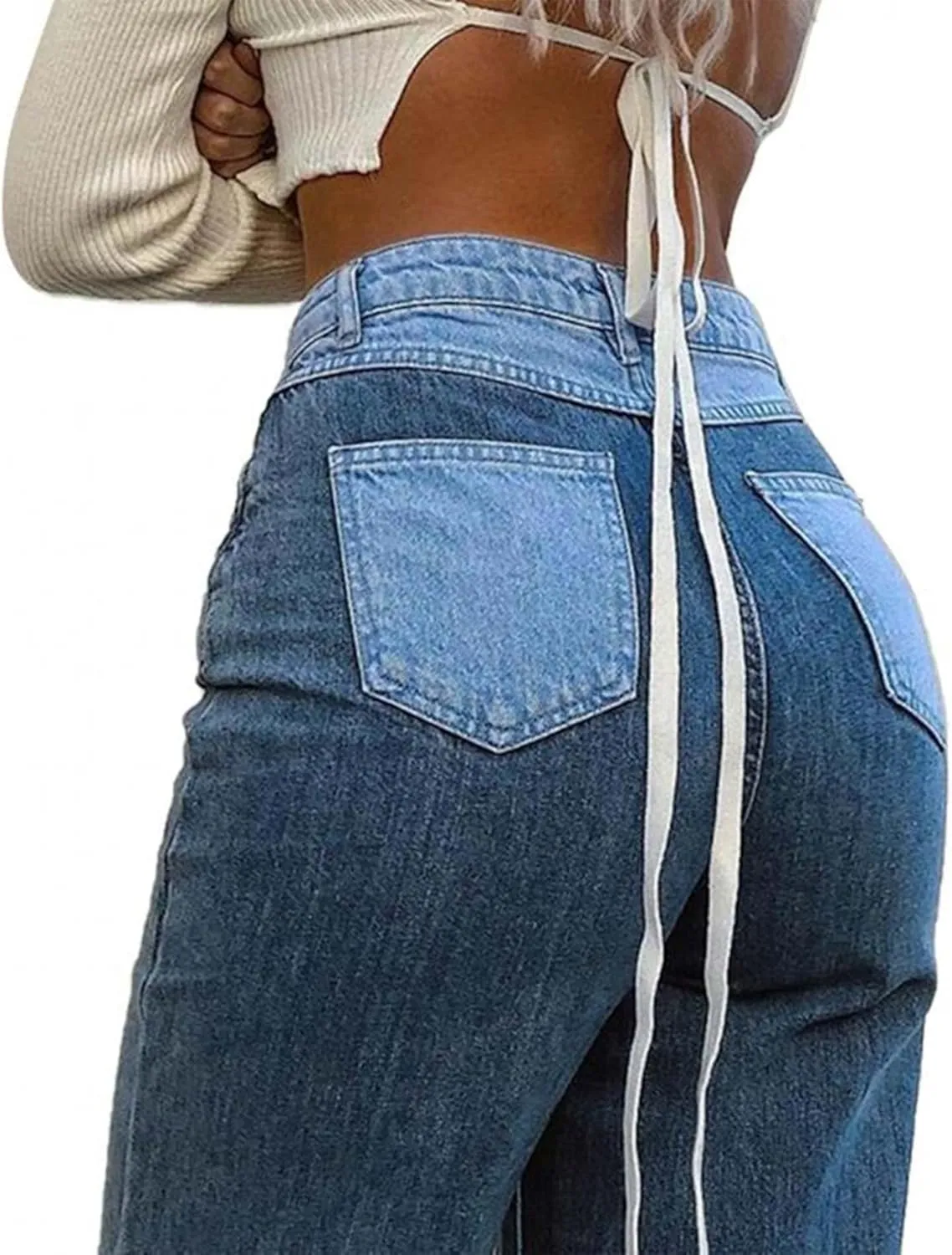 xxxiticat Women's Color Block Jeans High Waist Tie Dye Colorblock Patchwork Straight Leg Denim Pants Loose Trouser