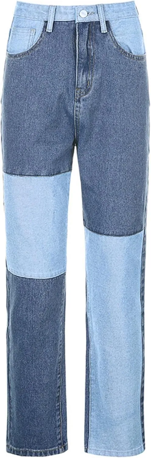 xxxiticat Women's Color Block Jeans High Waist Tie Dye Colorblock Patchwork Straight Leg Denim Pants Loose Trouser