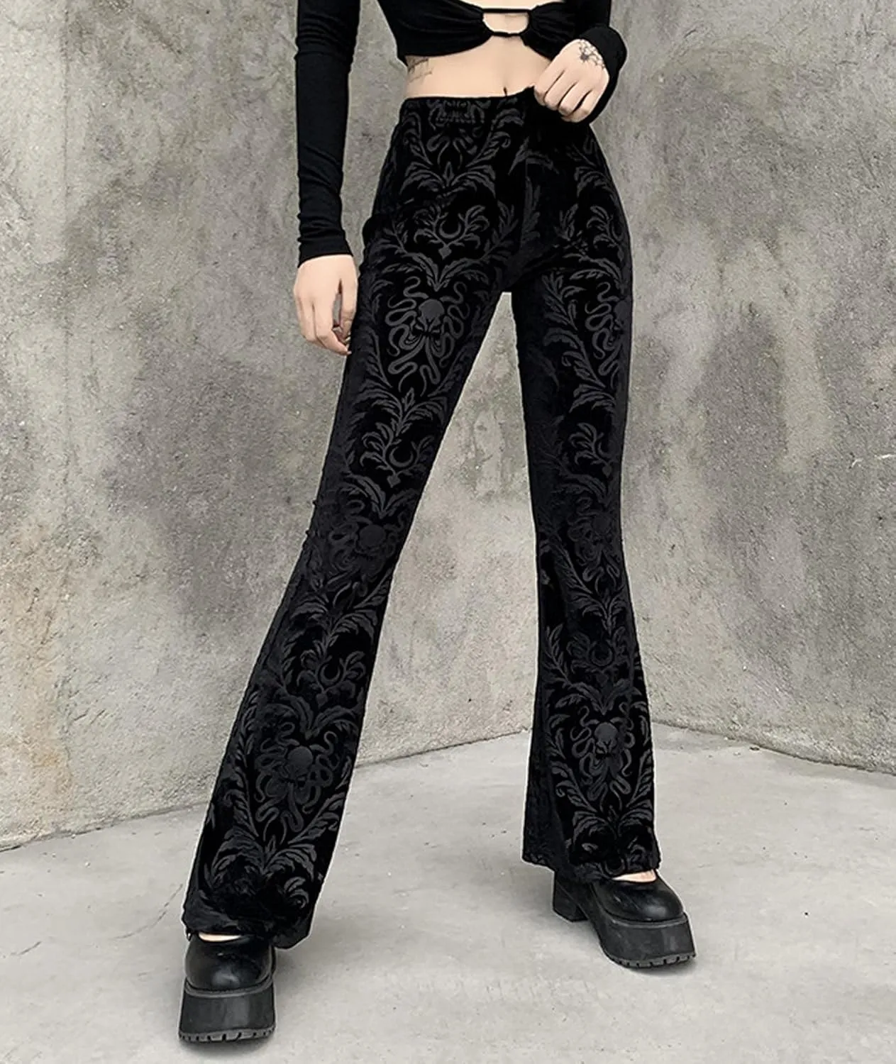 xxxiticat Women's Floral Printed Velvet Flare Pants High Waisted Casual Gothic Steampunk Bell Bottom Legging Trousers