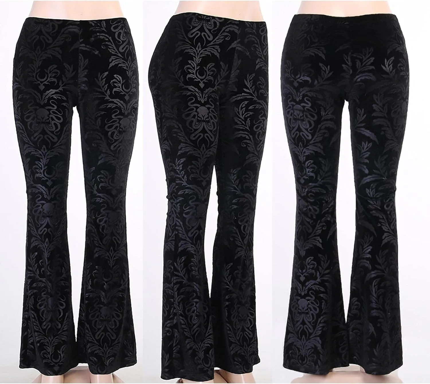 xxxiticat Women's Floral Printed Velvet Flare Pants High Waisted Casual Gothic Steampunk Bell Bottom Legging Trousers