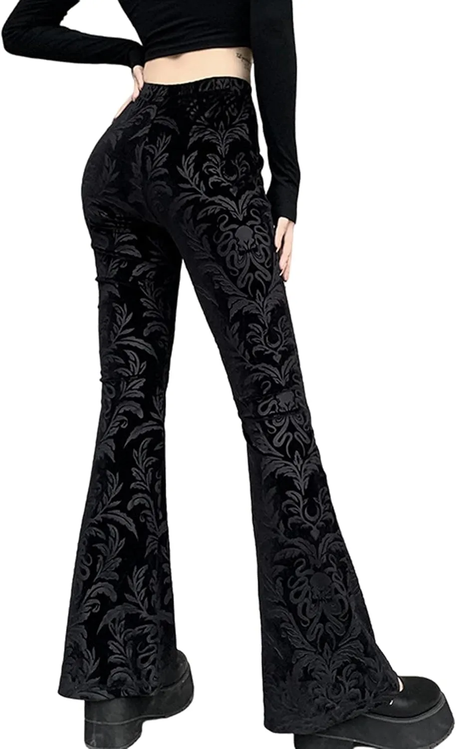 xxxiticat Women's Floral Printed Velvet Flare Pants High Waisted Casual Gothic Steampunk Bell Bottom Legging Trousers