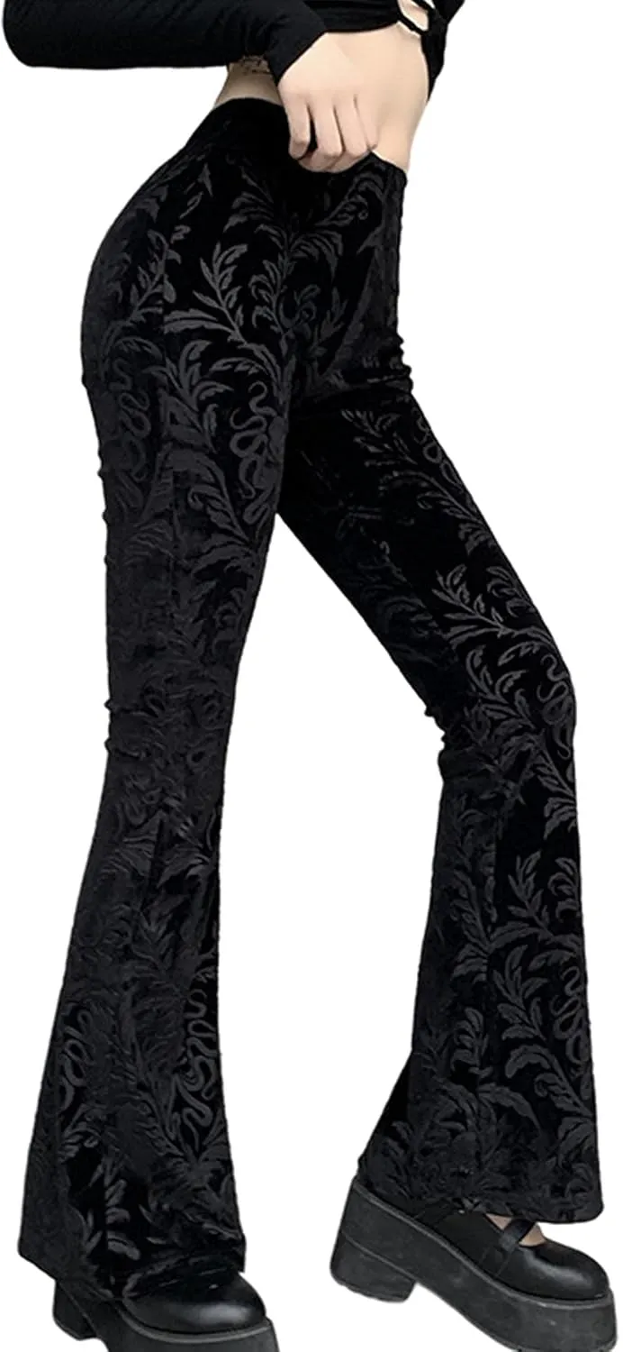xxxiticat Women's Floral Printed Velvet Flare Pants High Waisted Casual Gothic Steampunk Bell Bottom Legging Trousers