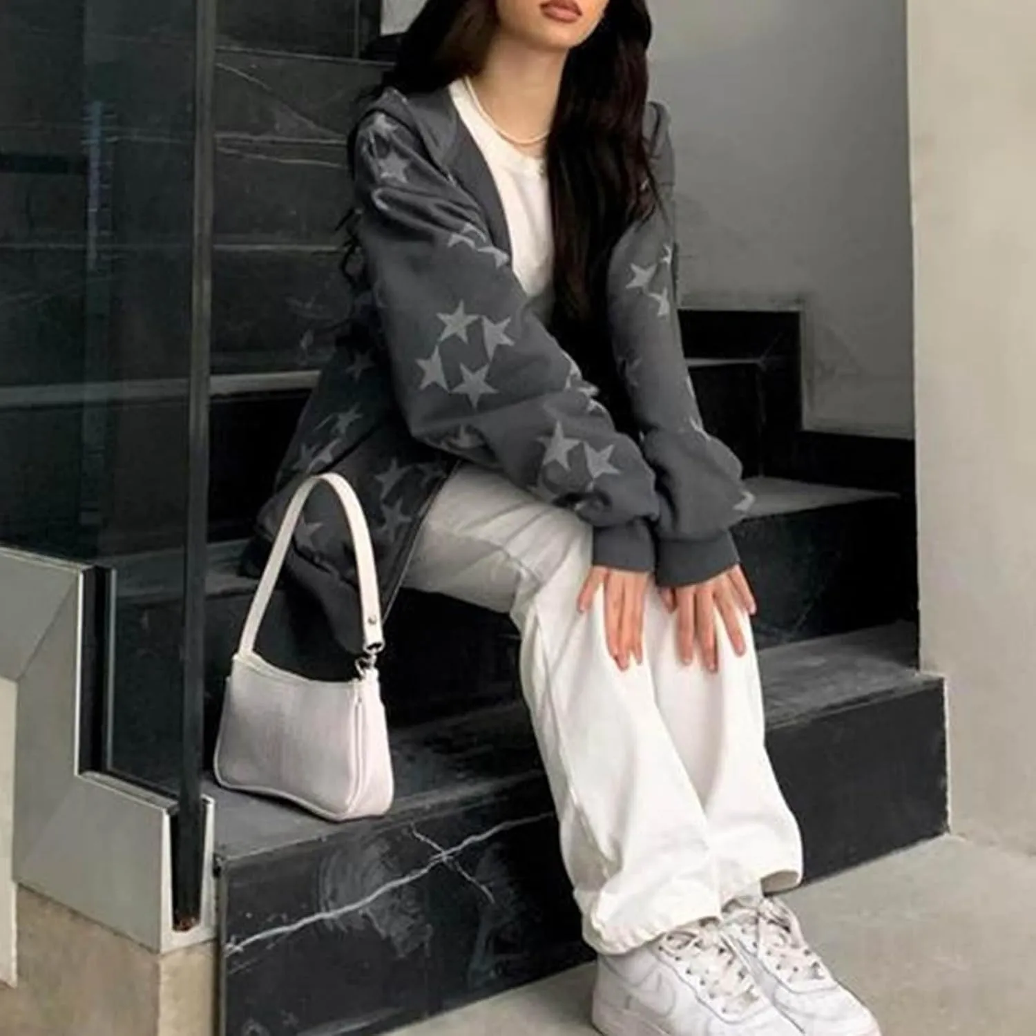 Y2K Hoodie Women Teens Star Graphic Pullover Hoodies Vintage Oversized Sweatshirt Preppy Jacket Streetwear