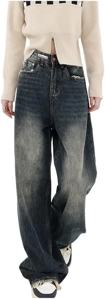 Y2K Pants Women High Waist Jeans Loose Wide Leg Straight Loose Denim Trousers Harajuku Streetwear Retro
