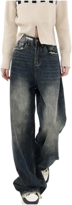Y2K Pants Women High Waist Jeans Loose Wide Leg Straight Loose Denim Trousers Harajuku Streetwear Retro