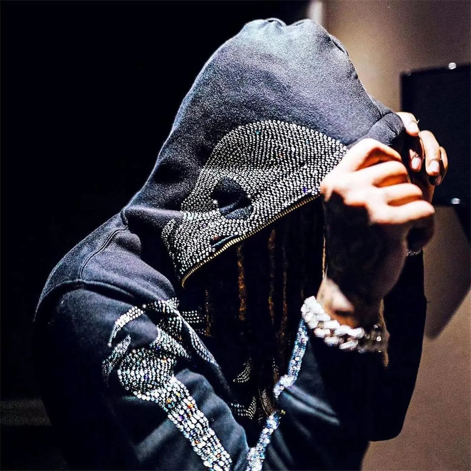 Y2K Skeleton Oversized Full Zip Up Hoodie Women Rhinestone Skull Graphic Sweatshirt E-Girl Streetwear