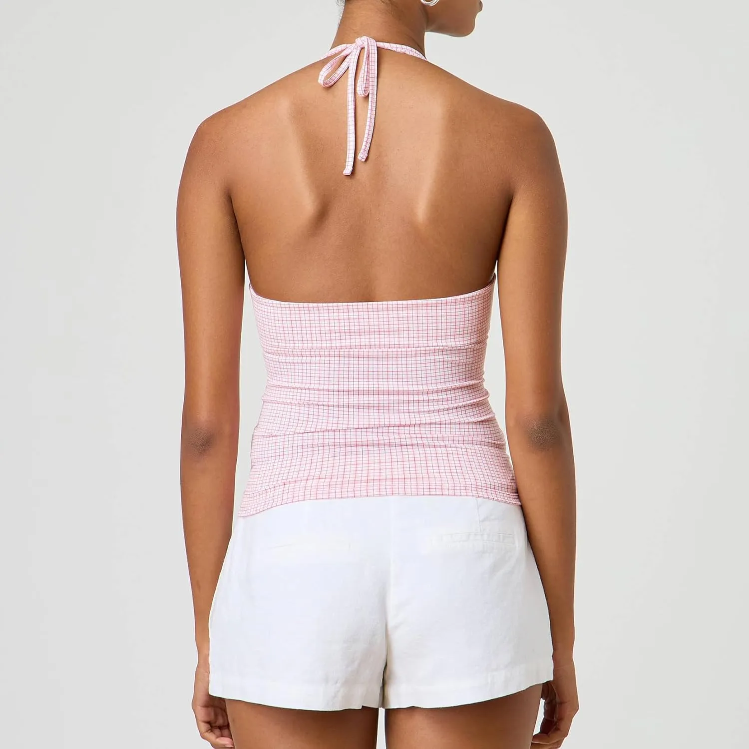 Y2k V Neck Halter Tops for Women Cute Plaid Print Open Back Tie Up Crop Tank Top Summer Fairy Vintage Sexy Camisole
